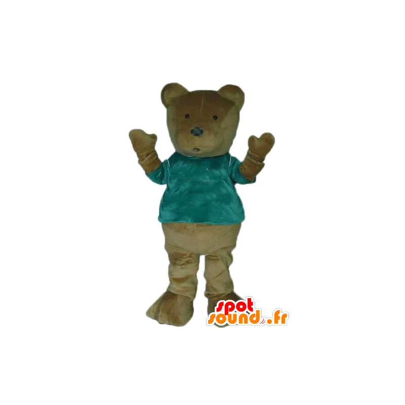 Mascotte marrón oso de peluche con una camiseta verde - MASFR22660 - Oso mascota