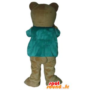 Mascotte marrón oso de peluche con una camiseta verde - MASFR22660 - Oso mascota