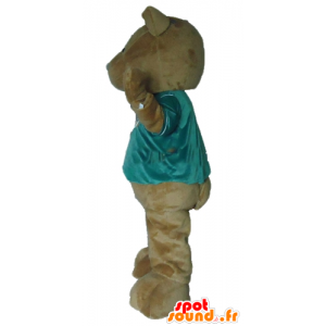 Brun bamse maskot med en grøn t-shirt - Spotsound maskot kostume