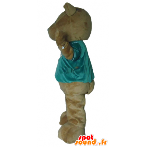 Brun bamse maskot med en grøn t-shirt - Spotsound maskot kostume