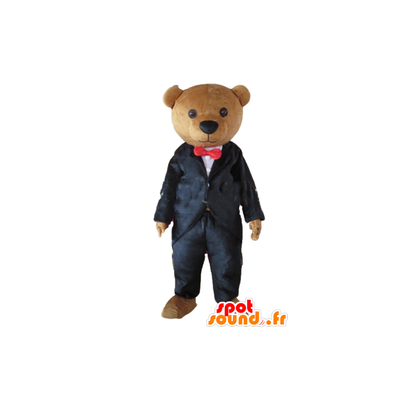 Mascotte brown teddy bear dressed in a black suit - MASFR22662 - Bear mascot