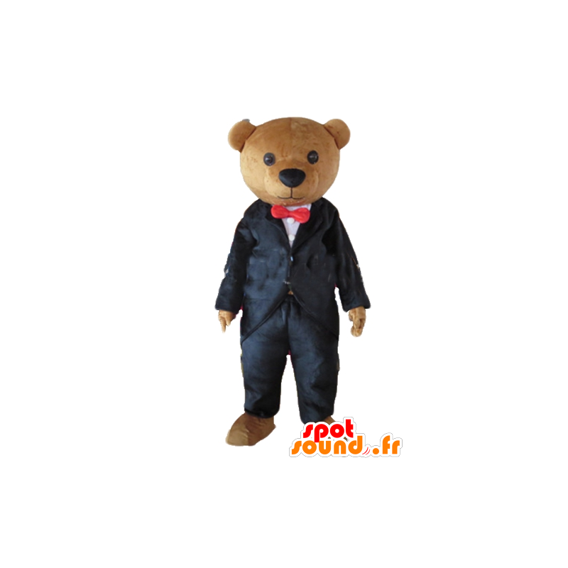 Mascotte d'ours en peluche marron, habillé d'un costume noir - MASFR22662 - Mascotte d'ours