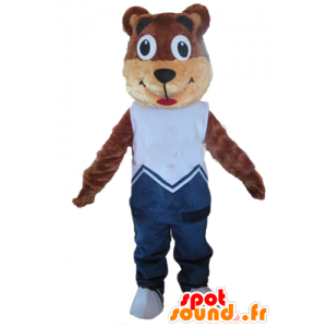 Mascotte orsacchiotto marrone e beige, abito blu - MASFR22666 - Mascotte orso
