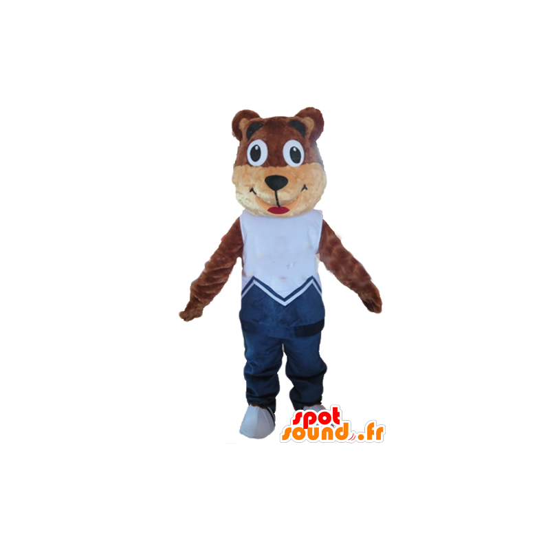 Brun och beige nallebjörnmaskot, i blå outfit - Spotsound maskot