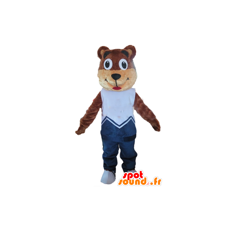 Mascotte d'ours en peluche marron et beige, en tenue bleue - MASFR22666 - Mascotte d'ours