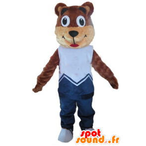 Mascot Teddybär braun und beige, blaues Kleid - MASFR22666 - Bär Maskottchen