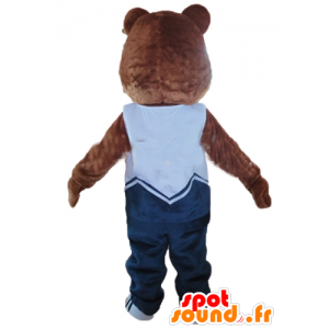 Mascot teddybeer bruin en beige, blauwe jurk - MASFR22666 - Bear Mascot