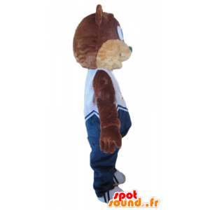Mascotte d'ours en peluche marron et beige, en tenue bleue - MASFR22666 - Mascotte d'ours