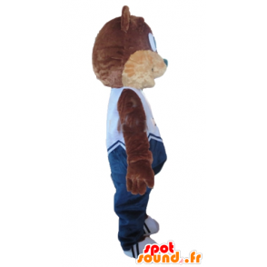 Mascot teddy bear brown and beige, blue dress - MASFR22666 - Bear mascot