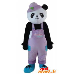 Maskot svart og hvit panda i overall med en lue - MASFR22672 - Mascot pandaer