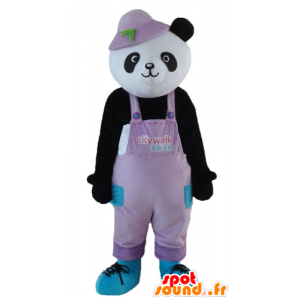 黒と白のパンダのマスコット、オーバーオール、帽子付き-MASFR22672-パンダのマスコット