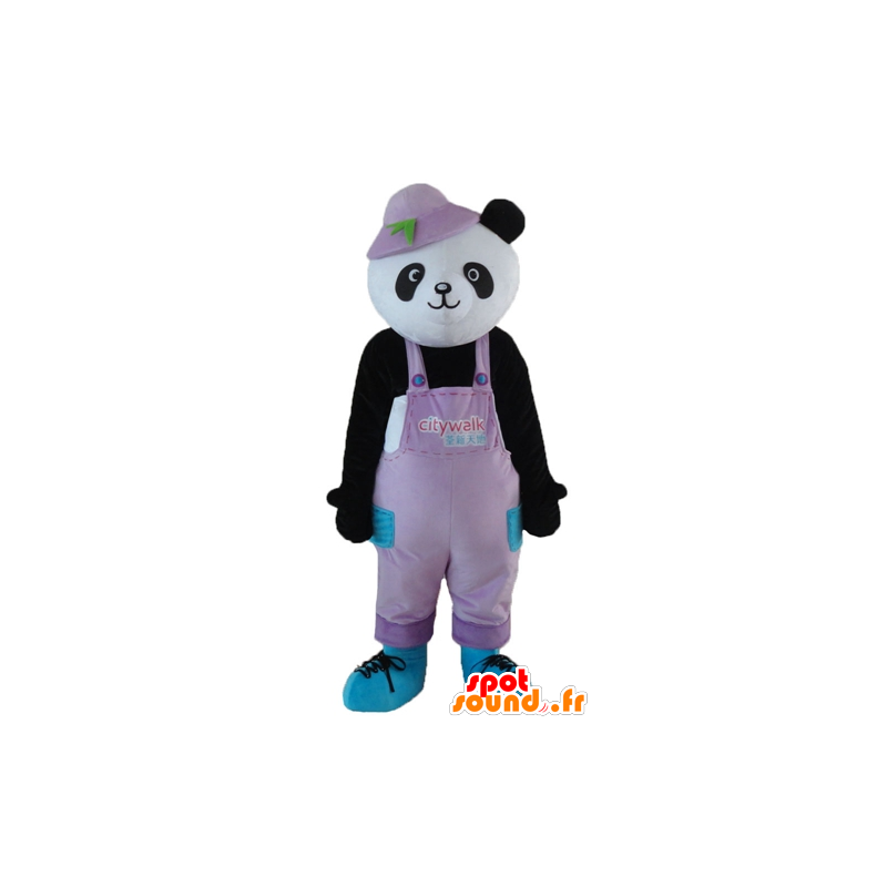 Mascotte de panda noir et blanc, en salopette, avec un chapeau - MASFR22672 - Mascotte de pandas