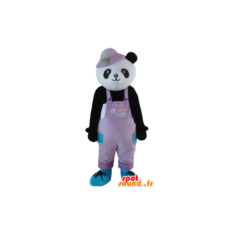 Sort og hvid panda maskot, overall, med hat - Spotsound maskot