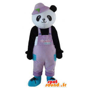 Maskot černobílé panda v montérkách s kloboukem - MASFR22672 - maskot pandy
