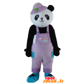 Maskottchen schwarzen und weißen Panda, in Overalls, mit einem Hut - MASFR22672 - Maskottchen der pandas