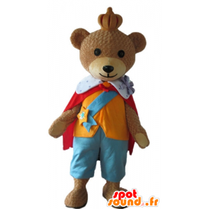 Brun björnmaskot, klädd i en färgglad kungdräkt - Spotsound