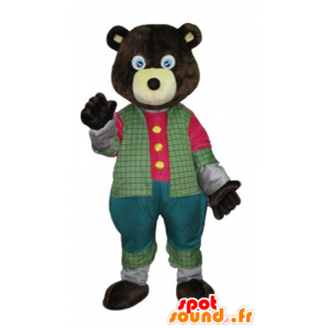 Μασκότ σκούρο καφέ αρκούδας στην πολύχρωμη στολή - MASFR22681 - Αρκούδα μασκότ