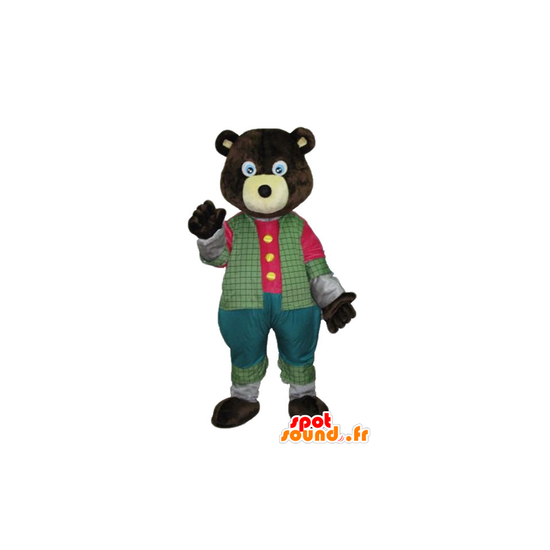 Mascotte d'ours marron foncé, en tenue colorée - MASFR22681 - Mascotte d'ours