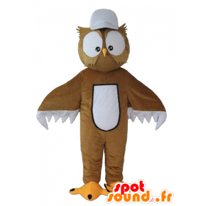 Brown and white owl mascot, with big eyes - MASFR22683 - Mascot of birds