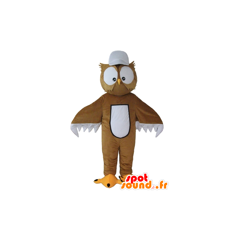 Brown and white owl mascot, with big eyes - MASFR22683 - Mascot of birds