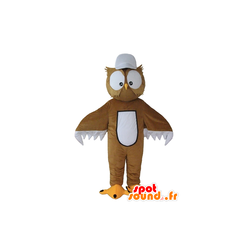 Bruine en witte uil mascotte, met grote ogen - MASFR22683 - Mascot vogels