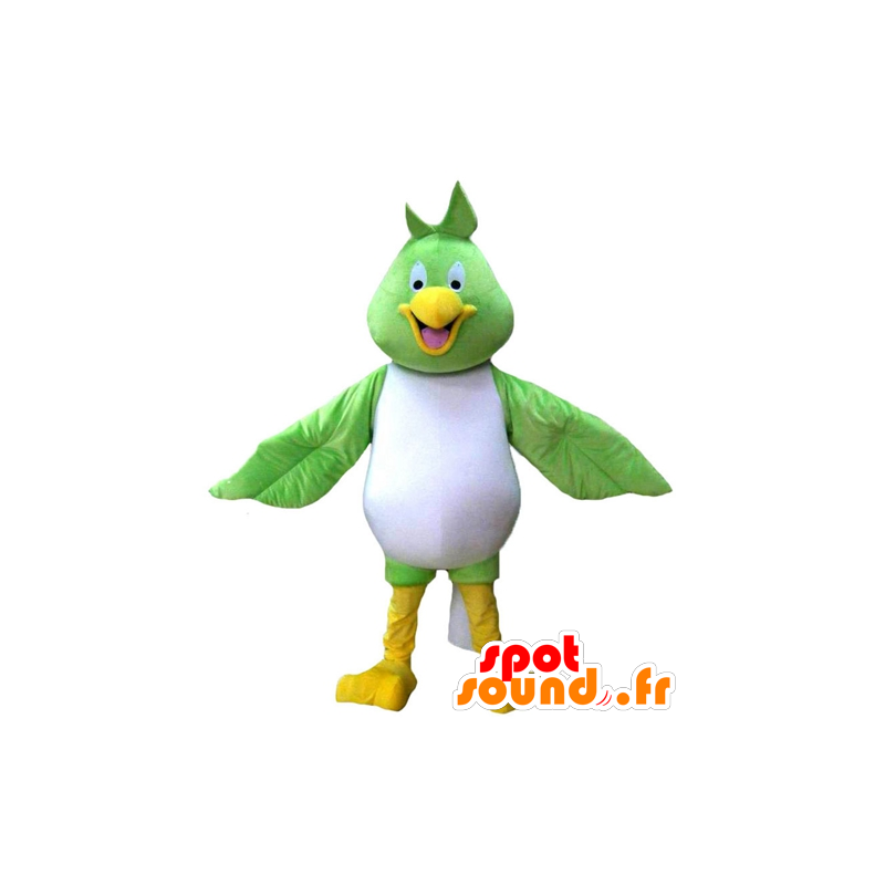 Mascotte de gros oiseau vert, blanc et jaune, très souriant - MASFR22685 - Mascotte d'oiseaux