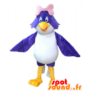 Mascotte grande uccello blu e bianco con un fiocco rosa - MASFR22686 - Mascotte degli uccelli