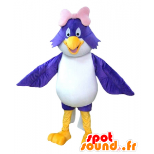 Mascotte large blue and white bird with a pink bow - MASFR22686 - Mascot of birds