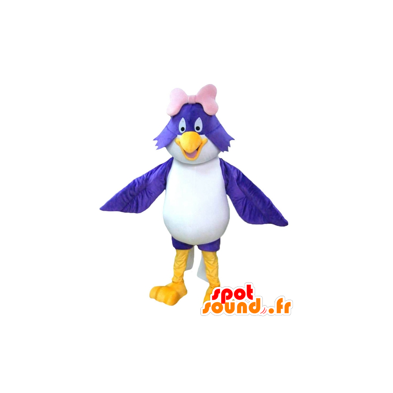 Mascotte large blue and white bird with a pink bow - MASFR22686 - Mascot of birds