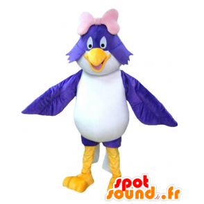 Mascotte de gros oiseau bleu et blanc avec un nœud rose - MASFR22686 - Mascotte d'oiseaux