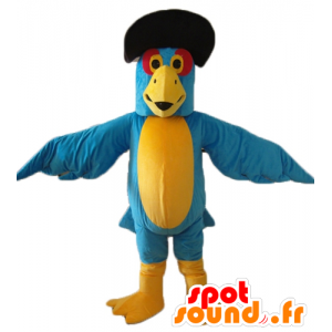 Mascotte blauwe en gele papegaai met zwarte hoed - MASFR22696 - mascottes papegaaien