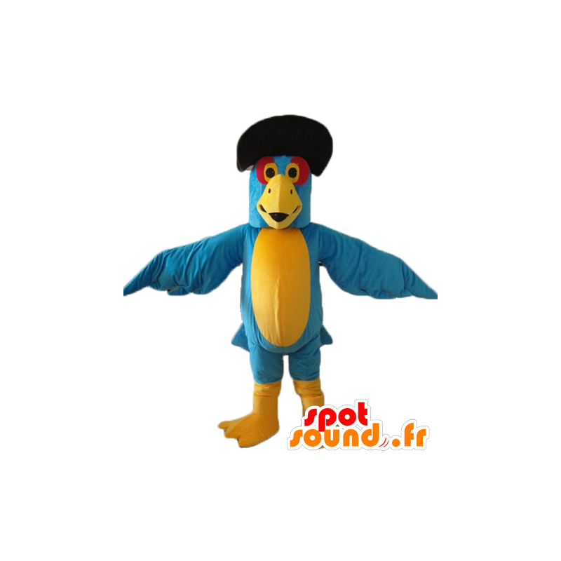 Blå och gul papegojamaskot, med en svart hatt - Spotsound maskot
