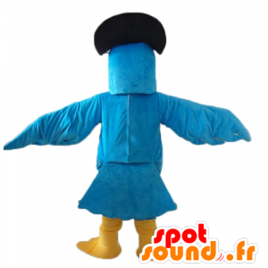 Mascot blue and yellow parrot with black hat - MASFR22696 - Mascots of parrots