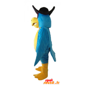 Mascot pappagallo blu e giallo con cappello nero - MASFR22696 - Mascotte di pappagalli