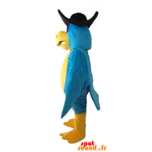 Mascotte de perroquet bleu et jaune, avec un chapeau noir - MASFR22696 - Mascottes de perroquets