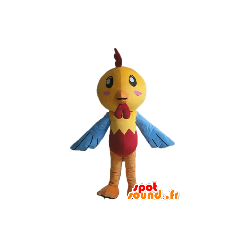Kip mascotte, geel kuiken, blauw en rood - MASFR22697 - Mascot Hens - Hanen - Kippen