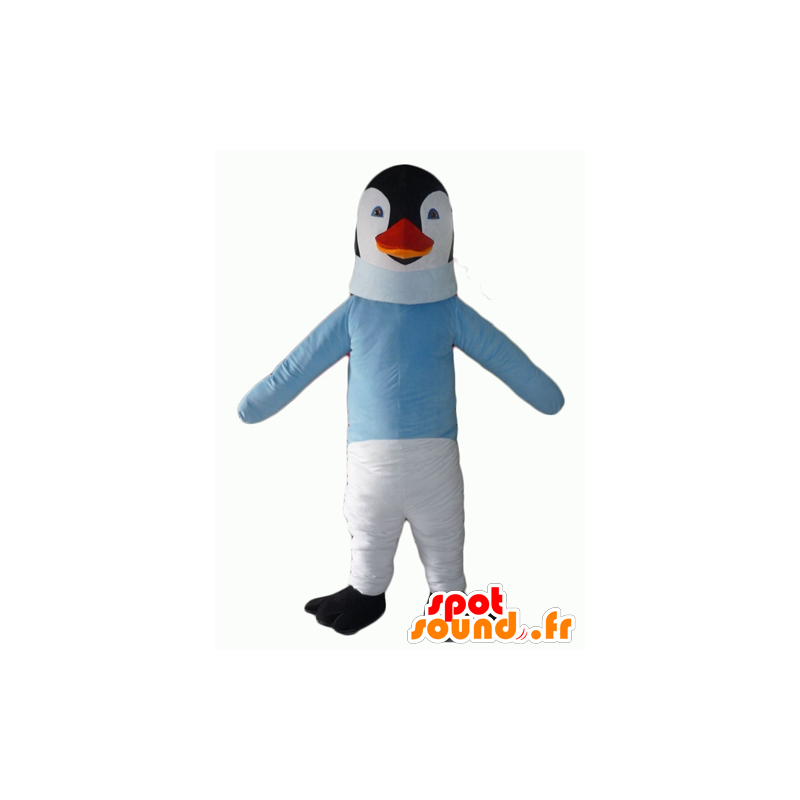 ペンギンのマスコット の 青いセーターと黒と白のペンギンのマスコット