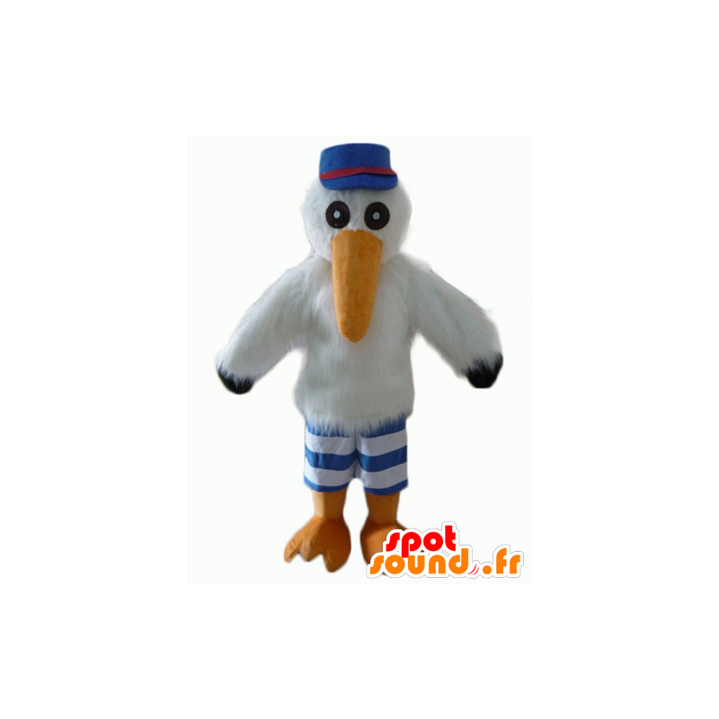 Mascotte Gabbiano, cicogna, con un cappello e una maglia - MASFR22706 - Mascotte dell'oceano