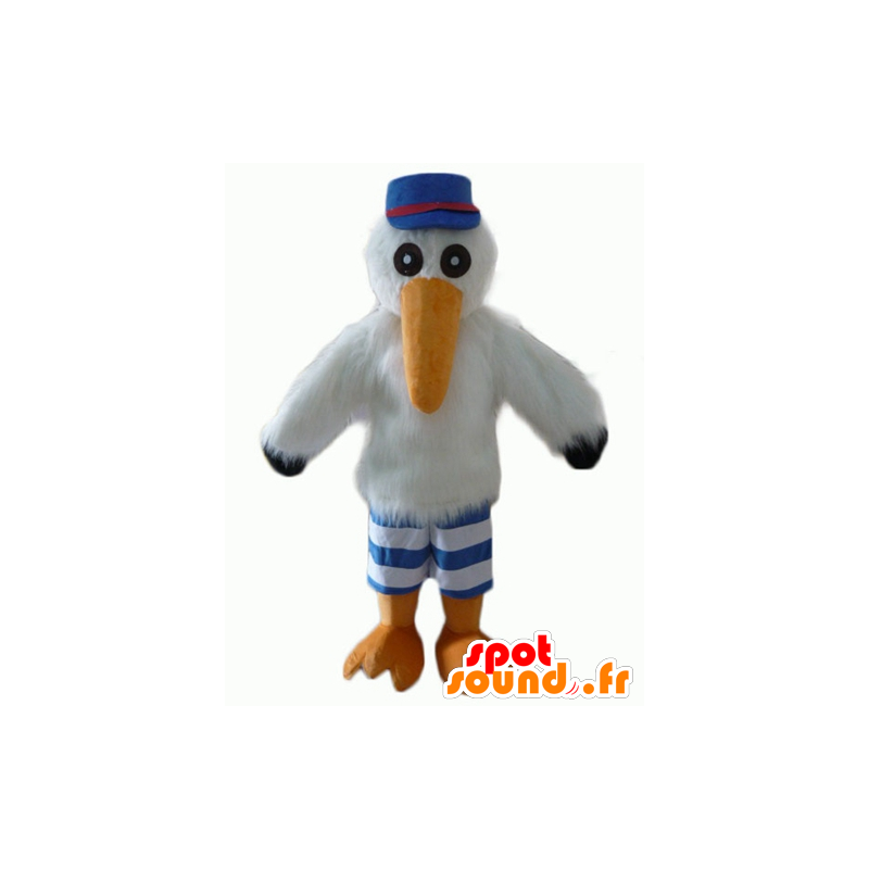 Seagull mascot, stork, with a cap and a jersey - MASFR22706 - Mascots of the ocean