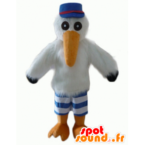 Seagull mascot, stork, with a cap and a jersey - MASFR22706 - Mascots of the ocean