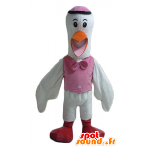 Mascotte de cigogne blanche, orange, rose et rouge - MASFR22708 - Mascotte d'oiseaux