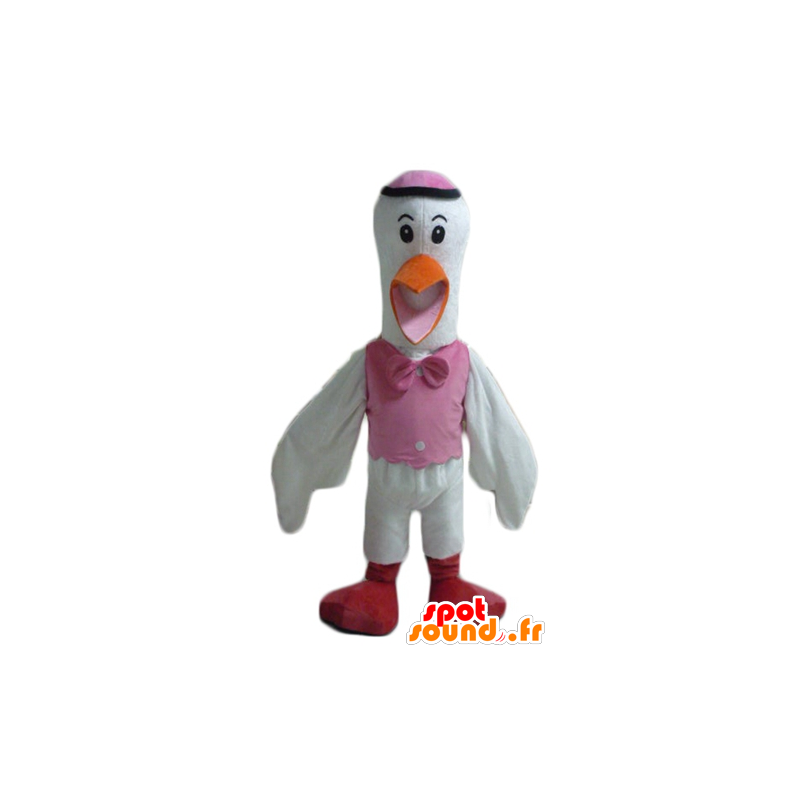 Mascotte de cigogne blanche, orange, rose et rouge - MASFR22708 - Mascotte d'oiseaux