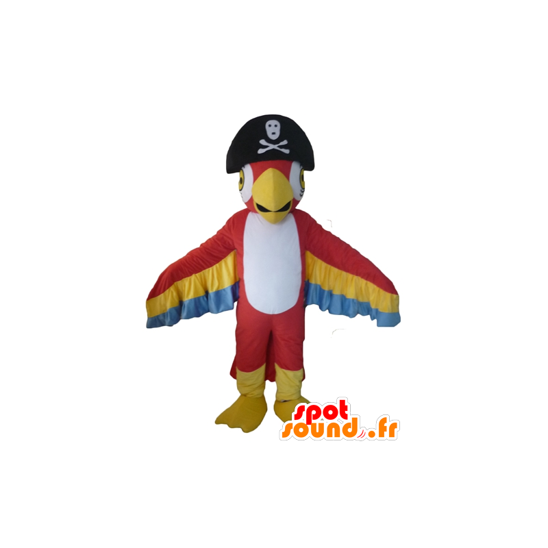Tricolore mascotte pappagallo, con un cappello da pirata - MASFR22709 - Mascotte di pappagalli