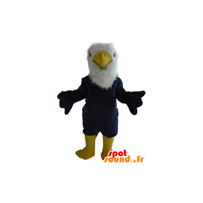 Mascote grande águia azul, branco e amarelo, todo peludo - MASFR22716 - aves mascote