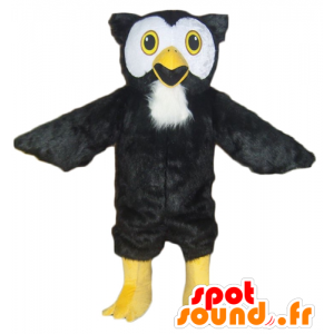 Gufo mascotte nero, bianco e giallo, tutto peloso - MASFR22722 - Mascotte degli uccelli
