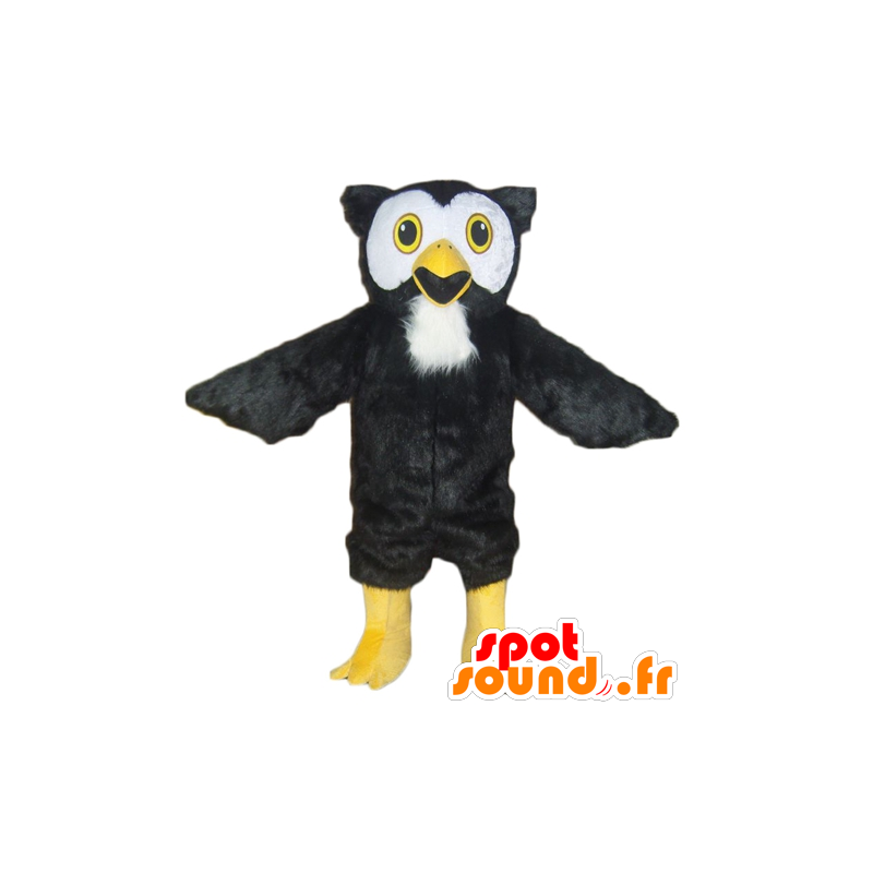 Mascot pöllö musta, valkoinen ja keltainen, kaikki karvainen - MASFR22722 - maskotti lintuja