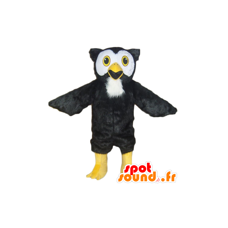 Mascotte de hibou noir, blanc et jaune, tout poilu - MASFR22722 - Mascotte d'oiseaux