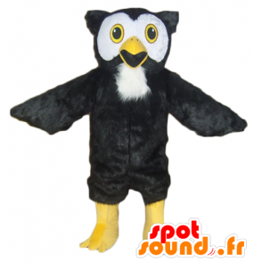 Mascot pöllö musta, valkoinen ja keltainen, kaikki karvainen - MASFR22722 - maskotti lintuja