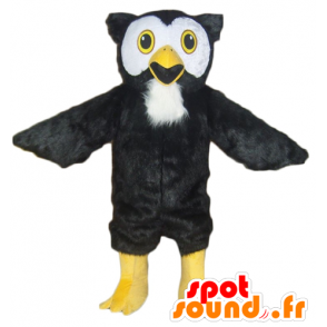 Mascotte de hibou noir, blanc et jaune, tout poilu - MASFR22722 - Mascotte d'oiseaux