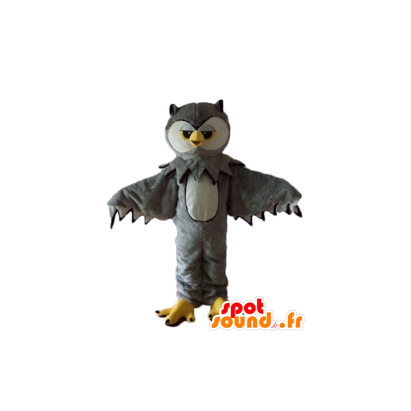 Mascot owl gray, white and yellow, very realistic - MASFR22739 - Mascot of birds